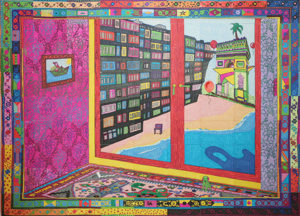 SAHAKYAN_Araks_Todas-las-ventanas-de-mi-casa Araks Sahakyan, Todas las ventanas de mi casa / Toutes les fenêtres de ma maison, assemblage de 81 feuilles A4, Feutres sur papier, 181 x 251 cm, 2021 © Objets Pointus